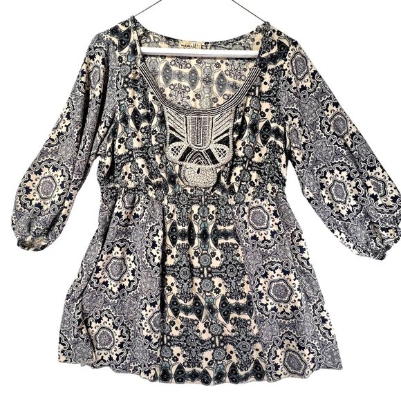 One World Boho Tunic Embroidered Peasant Gypsy Top Paisley Lg Smocked Waist - Picture 1 of 14